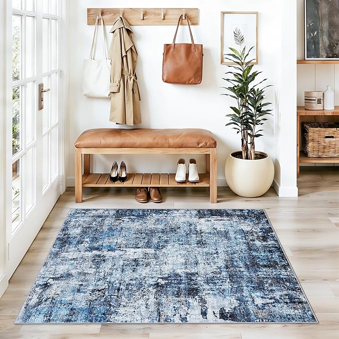 3x4 Washable Entryway Area Rug - Non-Slip Modern Small Indoor Mat for Bathroom,Living Room,Bedroom - Abstract Neutral Soft Low-Pile Throw Carpet with Rubber Backing（Blue）