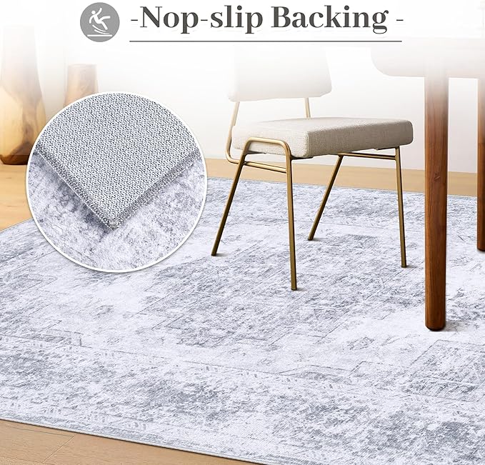 XLUEZ Area Rug 8x10 Living Room Rug, Machine Washable Vintage Distressed Medallion Rug Non-Slip Soft Low Pile Large Indoor Rugs for Bedroom Kitchen Dining Room Office(LightGrey,8'x10')