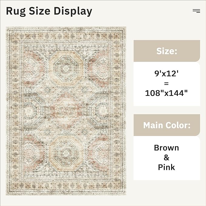 Soalmost 9x12 Area Rugs for Living Room, Non Slip Machine Washable Vintage Rugs, Low Pile Lightweight Large Rug for Bedroom, Dining Room, Home Office Brown Pink