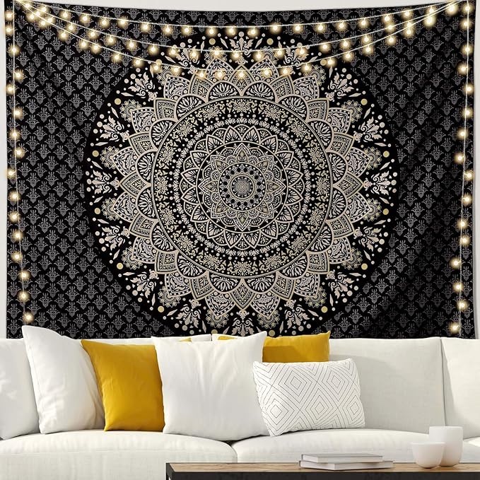 Edeesky Black Golden Mandala Tapestry Wall Hanging Psychedelic Medallion Wall Tapestry Aesthetic Indian Hippie Decor Bohemian Art Boho Home Decoration for Bedroom,Living Room,Dorm