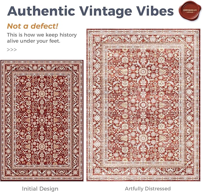 OPPODREAM Vintage Red Area Rugs 10x14, 10 x 14 Retro Washable Rug Non Slip, Low-Pile Faux Wool Carpet, Distressed Floor Mat for Living Room, Bedroom, Office, Dorm, Dinning Room, Big & Large