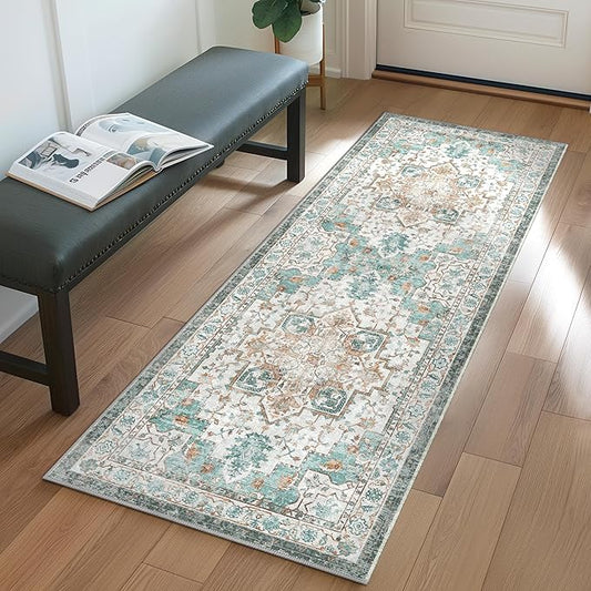 GENIMO 2x10 Runner Rugs for Hallway, Machine Washable Non Slip Vintage Rugs, Low Pile Lightweight Soft Print Rug for enrtyway, Corridor, Home Office, Kitchen, Cyan