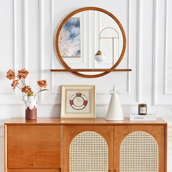 Wall Mirror with Shelf – Wood Circle Mirror for Entryway, Bathroom & Living Room – Unique Elegance & Multifunctional Design – 24 Inch