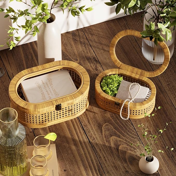 Rattan Display Box,Boho Oval Decorative Storage Boxes with Clear Lid,Set of 2 Woven Wicker Natural Finish Keepsake Boxes for Rustic Farmhouse for Home Decor