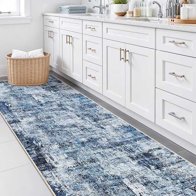 3x10 Ft Long Wide Hallway Runner Rug – Non-Slip Washable Wide Kitchen Runner, Low-Pile Thin Modern Abstract Floor Rug for Indoor Entryway, Bedroom, Living Room (Navy Blue)
