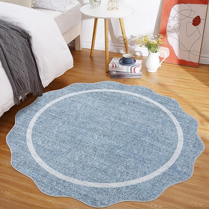 GarveeHome Scalloped Washable Round Rugs, Non-Slip Soft Round Rug 4ft Ultra-Thin, Small Boho Circle Stain Resistant Low Pile Carpet for Entryway Kitchen Bedroom Nursery Bathroom, Blue