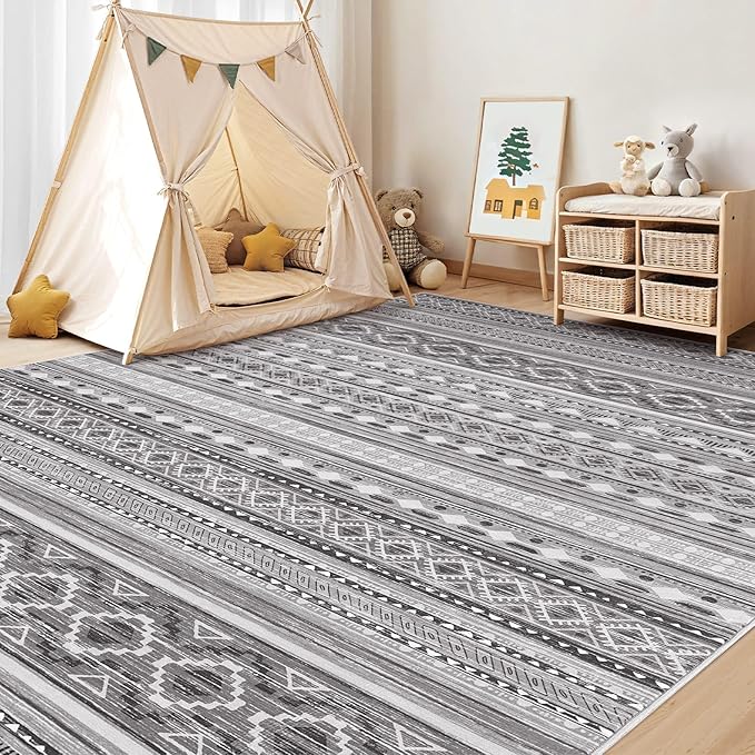 cotiled 8x10 Area Rug Living Room: Washable Boho Rugs with Non Slip Backing Large Soft Indoor Stain Resistant Carpet for Bedroom Farmhouse Dining Room Lightweight Home Decor Beige Grey