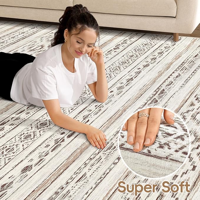 cotiled 5x7 Area Rug Living Room: Washable Boho Rugs with Non Slip Backing Large Soft Indoor Stain Resistant Carpet for Bedroom Farmhouse Dining Room Lightweight Home Decor Cream Brown