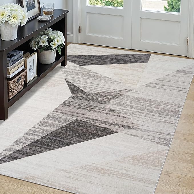 TOPRUUG Area Rug 5x6 Washable: Geometric Non-Slip Low Pile Rugs for Living Room Large Kitchen Bedroom Office - Ultra Soft Modern Aesthetic Home Decor (Grey Cream Beige, 5X6)