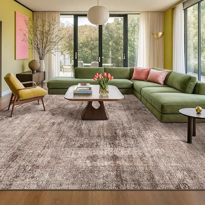 Hazo Haus Brown Living Room Rug 8x10 - Retro Washable Rug for Dining Room, Fireplace, Bedroom, Non Slip Low Pile Abstract Warm Tan and Terracotta
