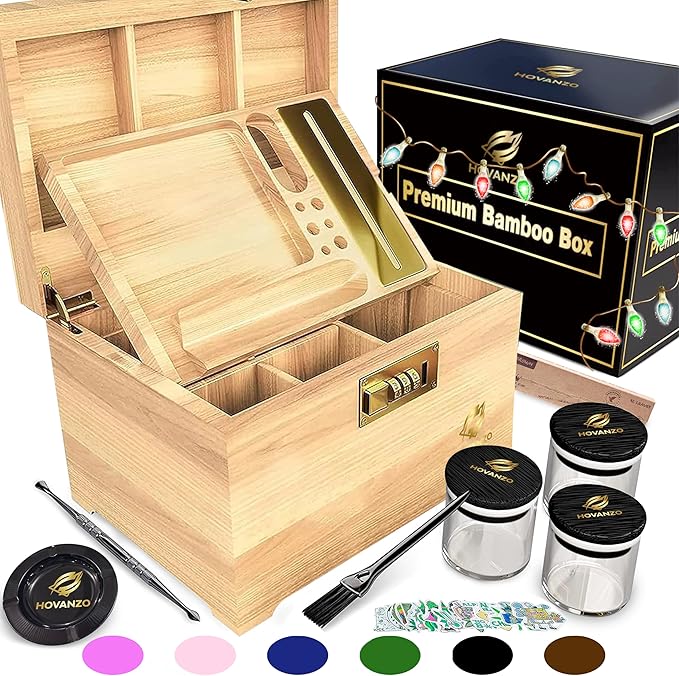 HOVANZO Premium Large Bamboo Storage Box with Removable Tray - Storage Wood Box for Herbs and Accessories - Storage Box Set with Combination Lock - Smell Proof Container with Accessories