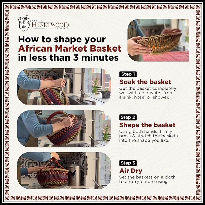 Africa Heartwood Project - Deluxe Colorful African Basket with Leather Handle - Handmade from dried Elephant Grass, Hand-Woven by Women in Bolgatanga, Ghana - Medium 14" Round Flat-packed