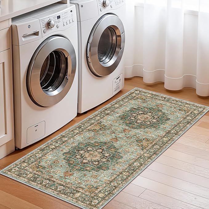 TOPRUUG Green Oriental Entry Rug - 2x4 Washable Area Rugs for Kitchen Bathroom Non-Slip Ultra-Thin Indoor Door Mat Indoor Entrance - Stain Resistant Small Throw Carpet (Green, 2X4)