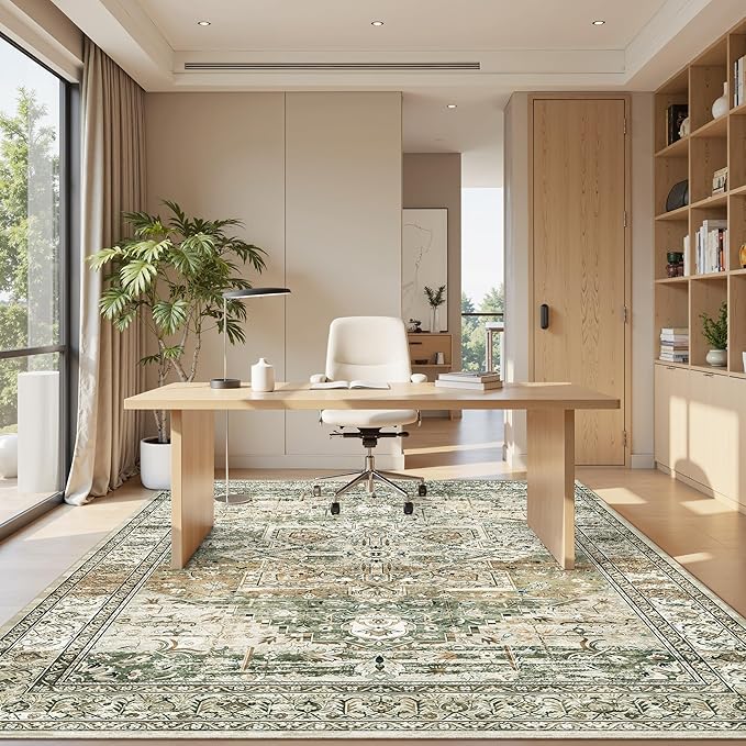 Soalmost 6x9 Area Rugs for Living Room Non-Slip Washable Rugs 6x9 Vintage Rug for Bedroom Dinning Room Ultra-Thin Area Rugs Farmhouse Home Decor Olive/Beige