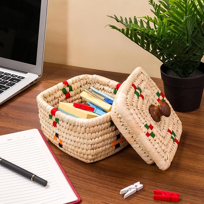 Handmade Sabai Grass Storage Box with Lid – Square Woven Decorative Organizer Basket for Home, Office & Tabletop