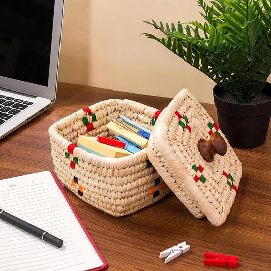 Handmade Sabai Grass Storage Box with Lid – Square Woven Decorative Organizer Basket for Home, Office & Tabletop