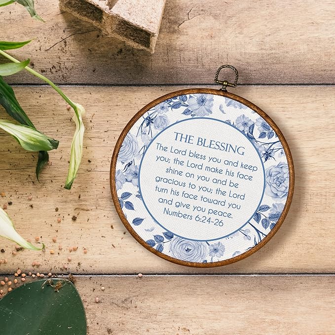 KSDUT Christian Floral Wall Decor Art - Blue Flower Trendy Retro Wall Art Canvas Frame Hanging Prints, Bible Verse Preppy Round Wall Art Decor for Grandmillennial Home Bedroom Decorations 10"x10"