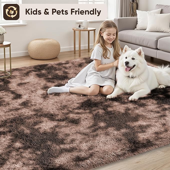 8x10 Area Rugs for Living Room Bedroom:Soft Fluffy Shag Upgrade Non-Slip High Pile Carpet Large Fuzzy Plush Indoor Floor Decor Shaggy Coffe Tie-Dyed Rug for Kid Boys Girls Playroom Nursery Modern Home