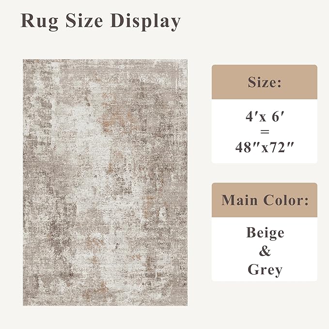 4x6 Washable Entryway Rug – Non-Slip Low-Pile Small Area Rug for Kitchen Bedroom Living Room Office – Modern Abstract Neutral Throw Carpet with Rubber Backing (Beige, Grey)