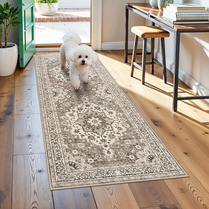 TOPRUUG Washable Entryway 2x5 Rug - Small Throw Runners for Kitchen Bathroom Bedroom Non-Slip Ultra-Thin Indoor Door Mat Indoor Entrance - Stain Resistant Vintage Home Decor (Beige, 2X5)