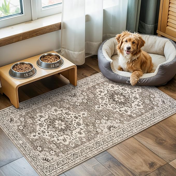 TOPRUUG 2x4 Oriental Entry Rug - Washable Area Rugs for Kitchen Bathroom Non-Slip Ultra-Thin Indoor Door Mat Indoor Entrance - Stain Resistant Small Throw Carpet (Beige, 2X4)