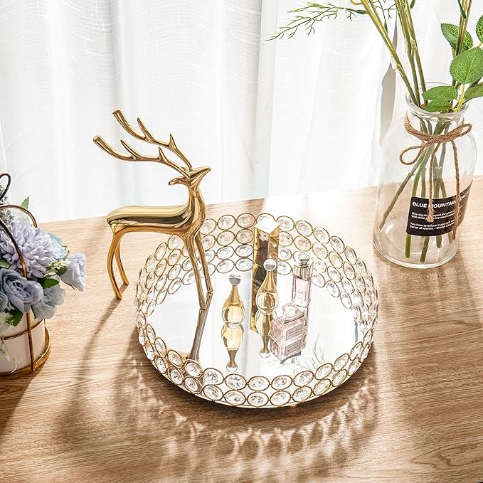 Feyarl Crystal Perfume Tray Makeup Cosmetic Vanity Organizer Jewelry Trinket Display Storage Mirrored Decorative Tray Skin Care Tray for Dresser Home Deco Birthday Gift(Round 10" inch) (Gold)