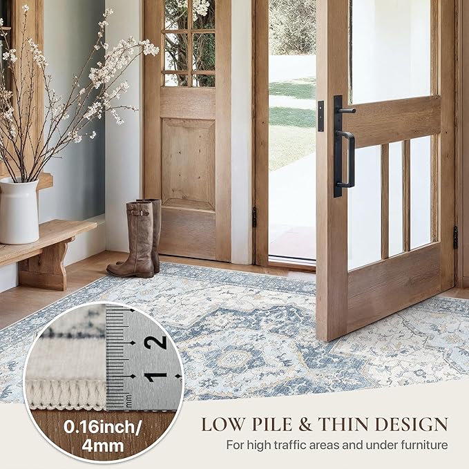 GENIMO Runner Rug 2'x7' Machine Washable Non Slip Vintage Hallway Runner Rug, Low Pile Lightweight Rugs for Indoor Entryway, Hallway, Kitchen and Corridor, Light Blue Beige