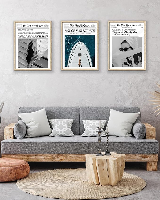 EcoHest Unframed Trendy Newspaper Wall Art, 12x16 in OAK Wood Mom I Am a Rich Man Canvas Art, Magazine Girly Poster College Dorm Decor, Beige Logs Set of 1 for Bedroom Living Room