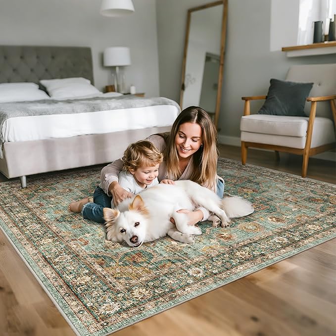 TOPRUUG Washable 6x6 Rug Square - Ultra Soft Living Room Area Rug Under Sofa Non-Slip Rugs for Bedroom Dining Room - Stain Resistant Farmhouse Decor for Family with Pets & Kids (Green, 6x6)