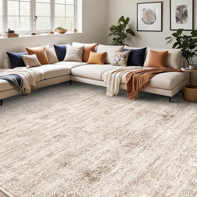 TOPRUUG Washable 12x18 Area Rug - Extra Large Rugs for Living Room Soft Low Pile Carpet for Bedroom Non-Slip Stain Resistant Vintage Indoor Floor Carpets (Beige Brown, 12x18)