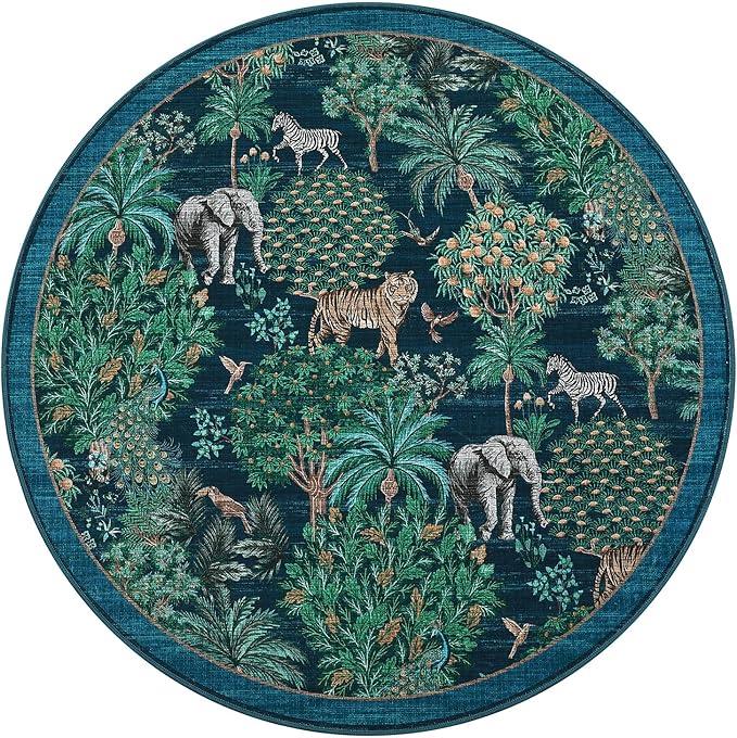 GarveeHome Jungle Round Washable Rugs 4ft Non-Slip Soft Round Rug for Kids Room, Forest Animal Print Tiger Circle Carpet for Bedroom Entryway Playroom Nursery, Blue