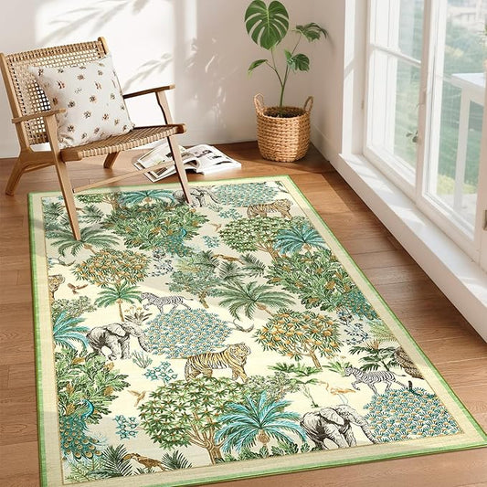 GarveeHome Jungle Animal Print Rug 3x5 Washable Area Rugs for Living Room, Forest Rug Non Slip Soft Low Pile Stain Resistance Throw Carpet for Bedroom Kids Playroom Nursery Beige