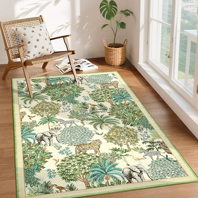 GarveeHome Jungle Animal Print Rug 4x6 Washable Area Rugs for Living Room, Forest Rug Non Slip Soft Low Pile Stain Resistance Throw Carpet for Bedroom Kids Playroom Nursery Beige