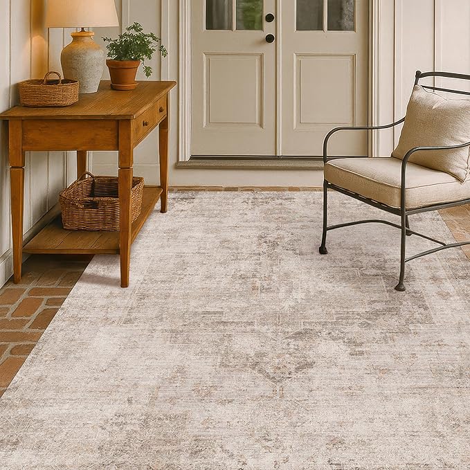 Hazo Haus Beige & Brown 5x8 Area Rugs for Bedroom - Abstract Distressed Farmhouse Rug for Living Room, Home Office, Foyer, Kitchen Table, Foldable Soft Washable Low Pile Non Slip Stain Resistant