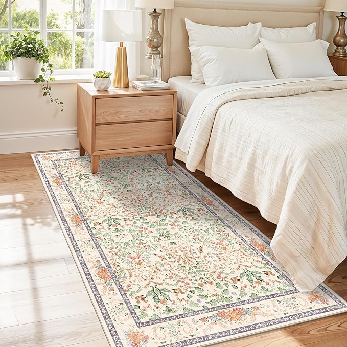 Botanical Beige 3x5 Area Rug - Non-Slip Washable Soft Low-Pile Small Area Rugs for Kitchen Bedroom Entryway Kid Room – Vintage Florals Door mat Indoor (Cream, 3x5)