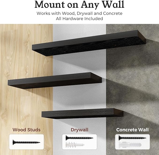 Floating Shelves for Wall, 9.3" Deep Wall Mounted Wood Shelves for Bathroom, Bedroom (Black, 48)
