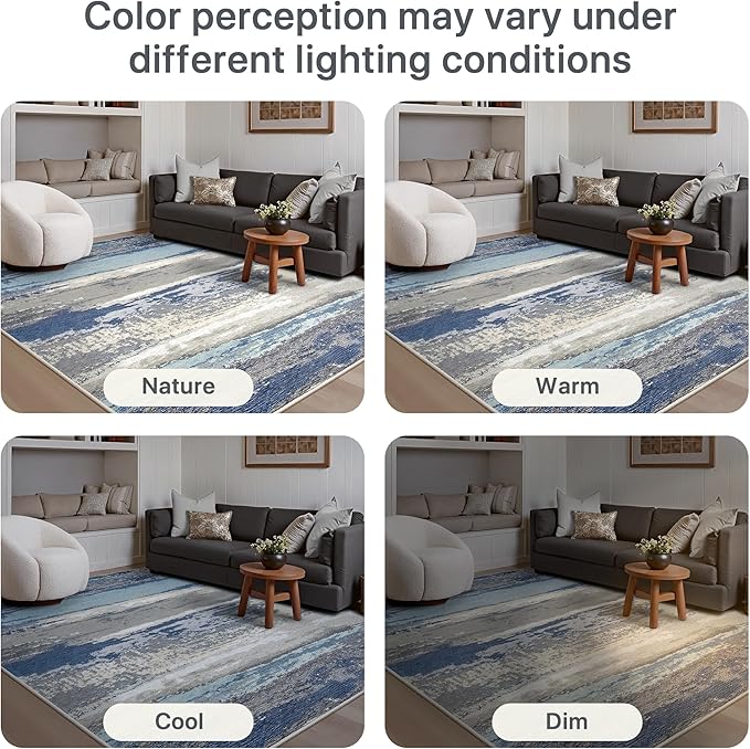 GENIMO 5X7 Washable Modern Area Rugs for Living Room, Non-Slip Low Pile Chenille Print Rug, Soft Rugs for Bedroom Dining Room Home Office, Indigo Drift