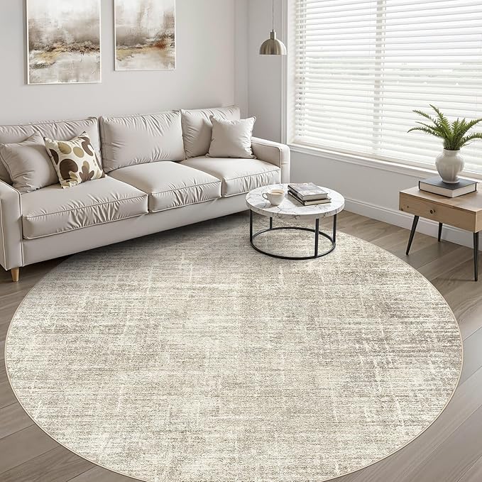 5ft Round Rug Living Room: 5x5 Washable Large Neutral Brown Circle Area Rug Abstract Soft Modern Stain Resistant Indoor Floor Non-Slip Carpet for Bedroom Nursery Kids Office Playroom Dining Room