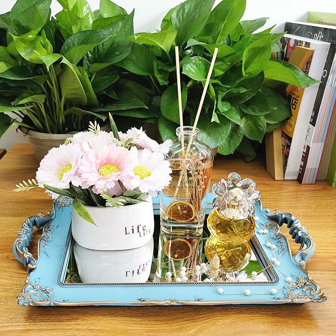 Rectangle Decorative Mirror Tray, French Style, Makeup Organizer, Jewelry Organizer, Serving Tray, 9.5"x 14.9", Golden Blue