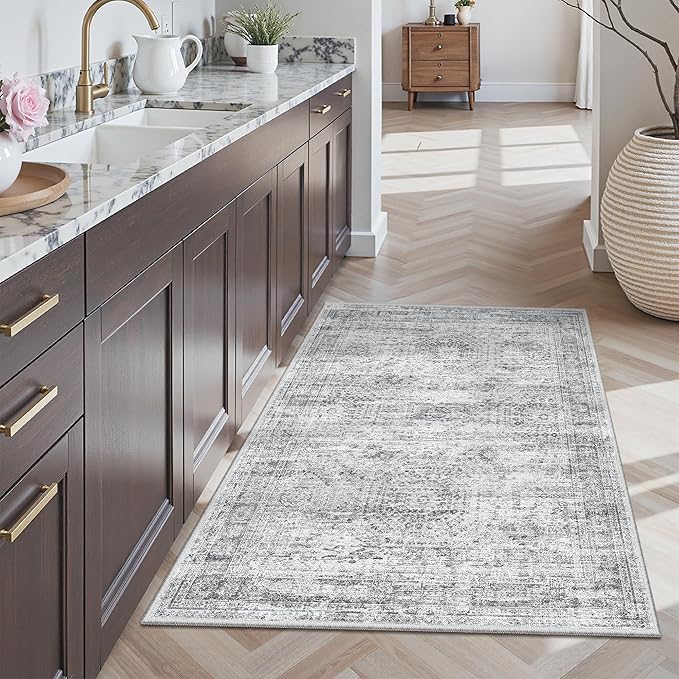 Soalmost 3x4 Rug, Small Area Rug for Kitchen, Entryway, Machine Washable Non-Slip Throw Rug, Vintage Carpet for Nursery Coffee Table Grey
