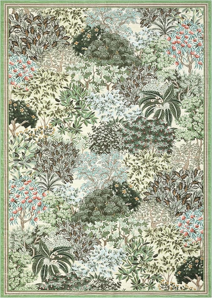 GarveeHome Forest Rug 9x12 Washable Area Rugs for Living Room, Botanical Low Pile Non Slip Stain Resistance Large Woodland Carpet for Office Dining Room Bedroom Farmhouse, Beige Green