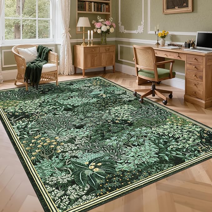 GarveeHome Forest Rug 9x12 Washable Area Rugs for Living Room, Botanical Low Pile Non Slip Stain Resistance Large Woodland Carpet for Office Dining Room Bedroom Farmhouse, Green