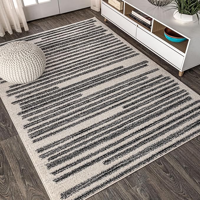 JONATHAN Y Khalil Modern Berber Stripe Cream/Black Indoor Area Rug, 12x18, Contemporary, Bohemian, Easy-Cleaning for Living Room, Bedroom, Kitchen, Pet Friendly, Non-Shedding (MOH207A-18)