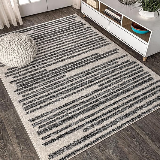 JONATHAN Y Khalil Modern Berber Stripe Cream/Black Indoor Area Rug, 5x8, Contemporary, Bohemian, Easy-Cleaning for Living Room, Bedroom, Kitchen, Pet Friendly, Non-Shedding (MOH207A-5)