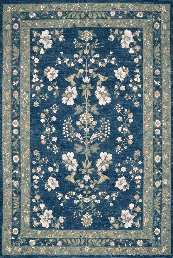 GENIMO 5x7 Area Rugs for Living Room, Machine Washable Non Slip Vintage Rugs, Low Pile Lightweight Chenille Print Rug for Bedroom, Dining Room, Home Office, Dusty Navy