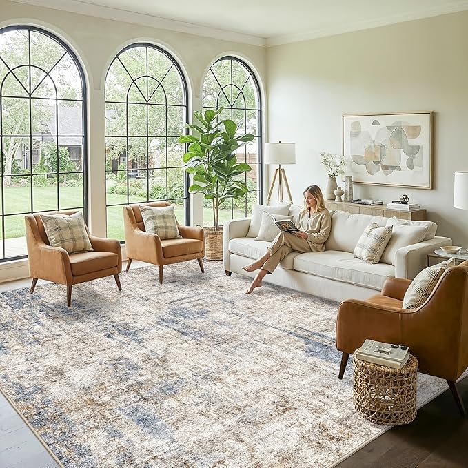 12x12ft Square Living Room Rug – Non-Slip Washable Extra Large Floor Carpet for Bedroom, Dining Room, Playroom Room – Modern Abstract Neutral Thin Low-Pile Big Indoor Rug (Blue Brown)