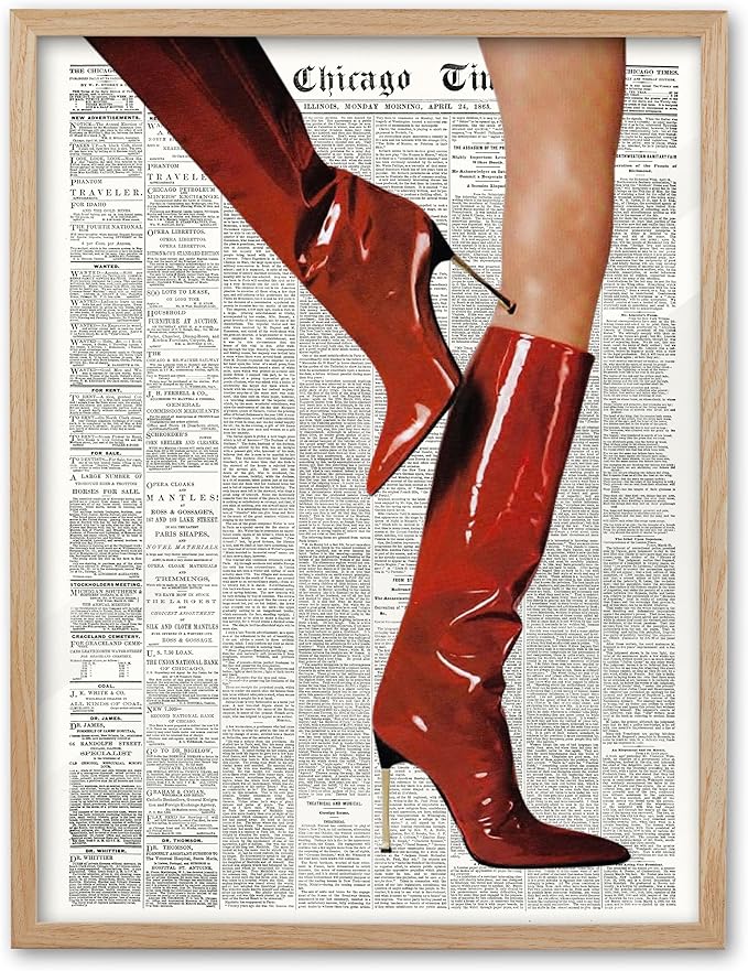 EcoHest Trendy Newspaper Red Boots Framed Wall Art, 12x16 in OAK Wood Fashion Icon Canvas Wall Art, Magazine Home Decor, Beige Logs Retro Set of 1 for Bedroom Living Room