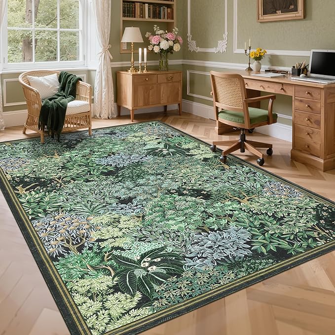 GarveeHome Forest Rug 9x12 Washable Area Rugs for Living Room, Botanical Low Pile Non Slip Stain Resistance Large Woodland Carpet for Office Dining Room Bedroom Farmhouse, Blue Green