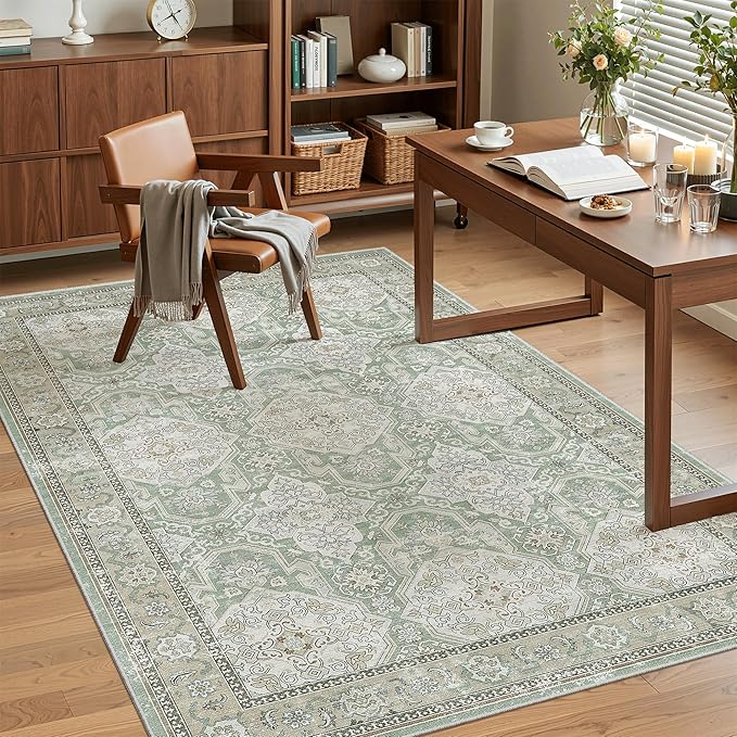 Soalmost 3x5 Rug, Small Area Rug for Kitchen, Entryway, Machine Washable Non-Slip Throw Rug, Vintage Carpet for Nursery Coffee Table Green/Brown