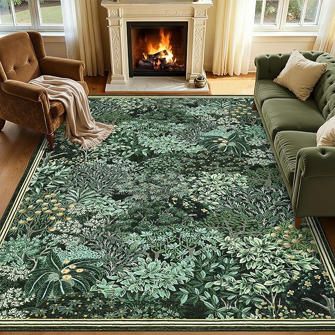 GarveeHome Forest Rugs 8x10, Green Washable 8x10 Area Rug for Living Room, Botanical Low Pile Non Slip Stain Resistance Large Carpet for Office Dining Room, Farmhouse